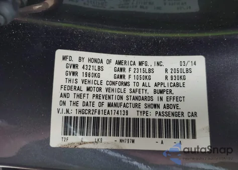 2014 Honda Accord Ex-L from USA, damaged, VIN 1HGCR2F81EA174139